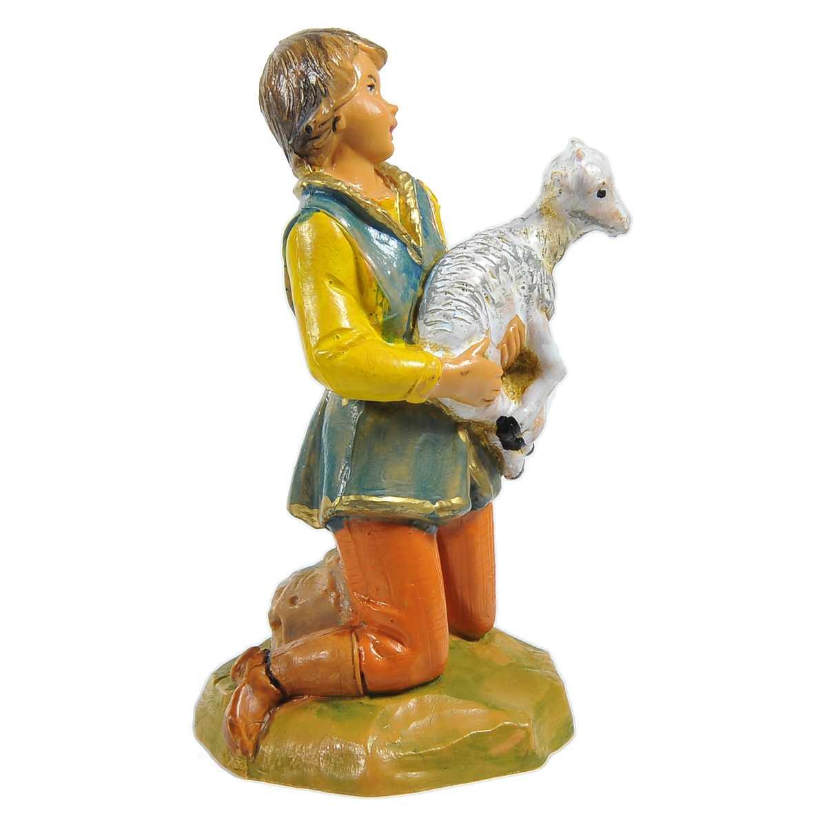 Statua presepe 12 cm pastore ragazzo in ginocchio capretta