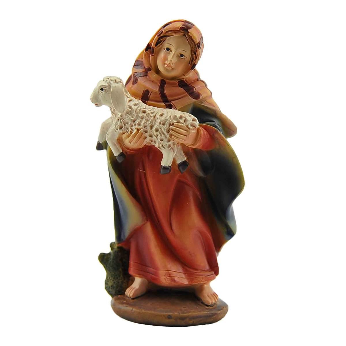 Statua presepe 11 cm donna agnello in braccio