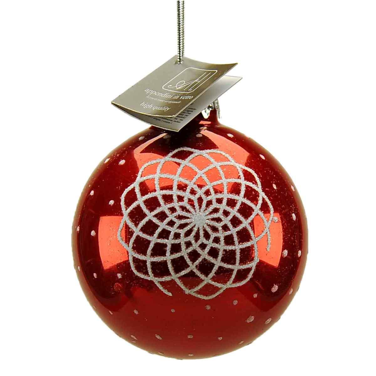 Pallina natalizia vetro rossa dec glitter bianchi Ø 8 cm