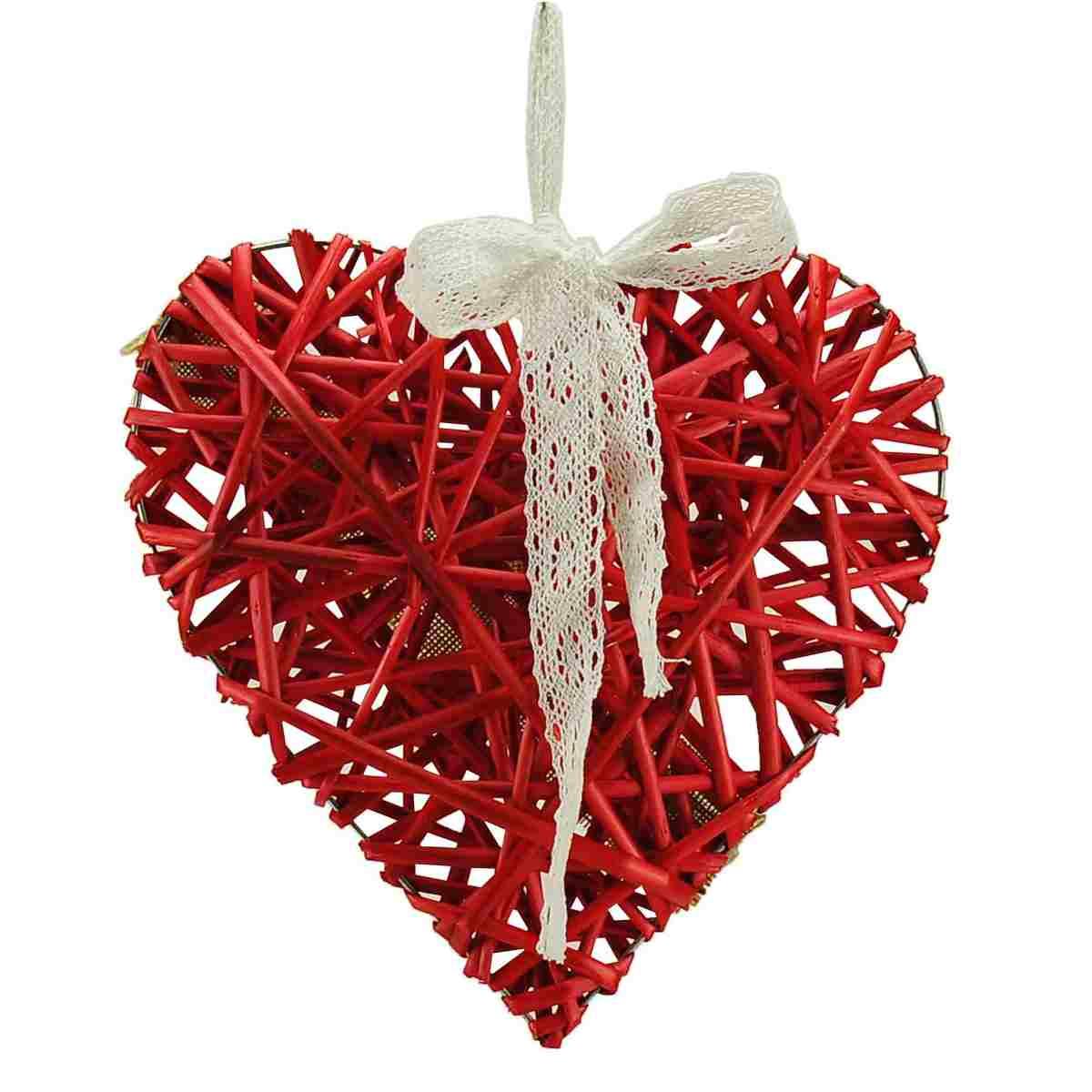 Decorazione natalizia cuore legno rosso pizz