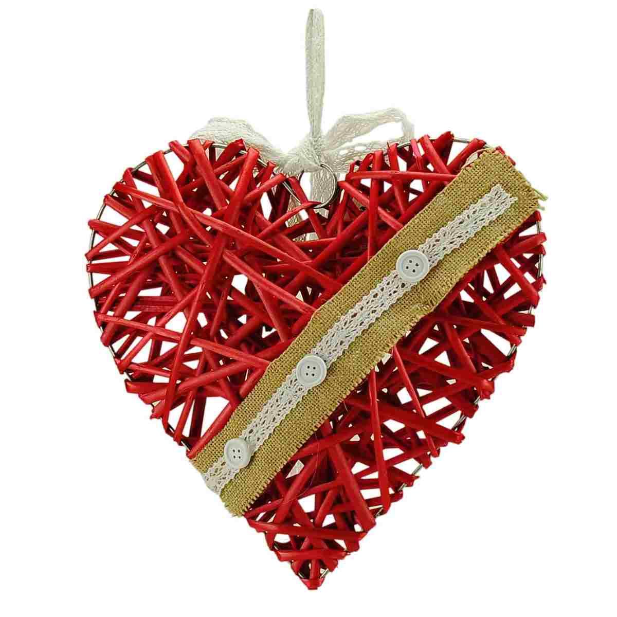 Decorazione natalizia cuore legno rosso pizz