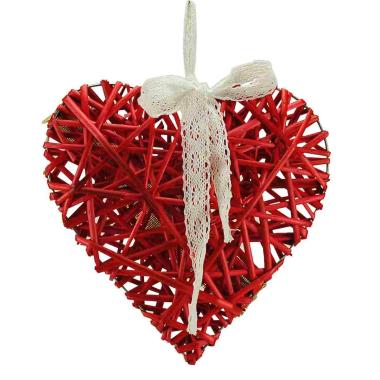 Decorazione natalizia cuore legno rosso pizz