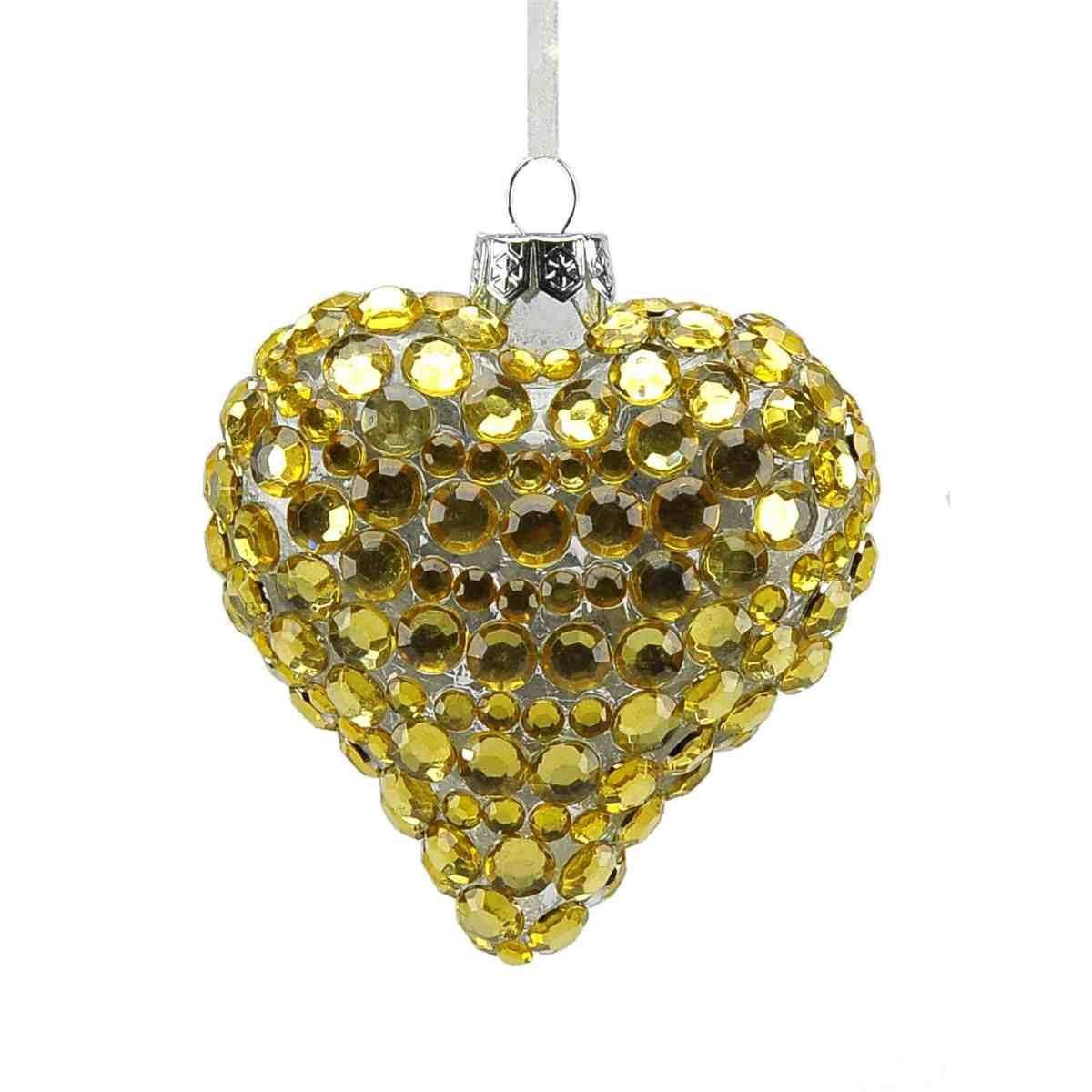 Pallina natalizia vetro cuore oro strass 8 cm