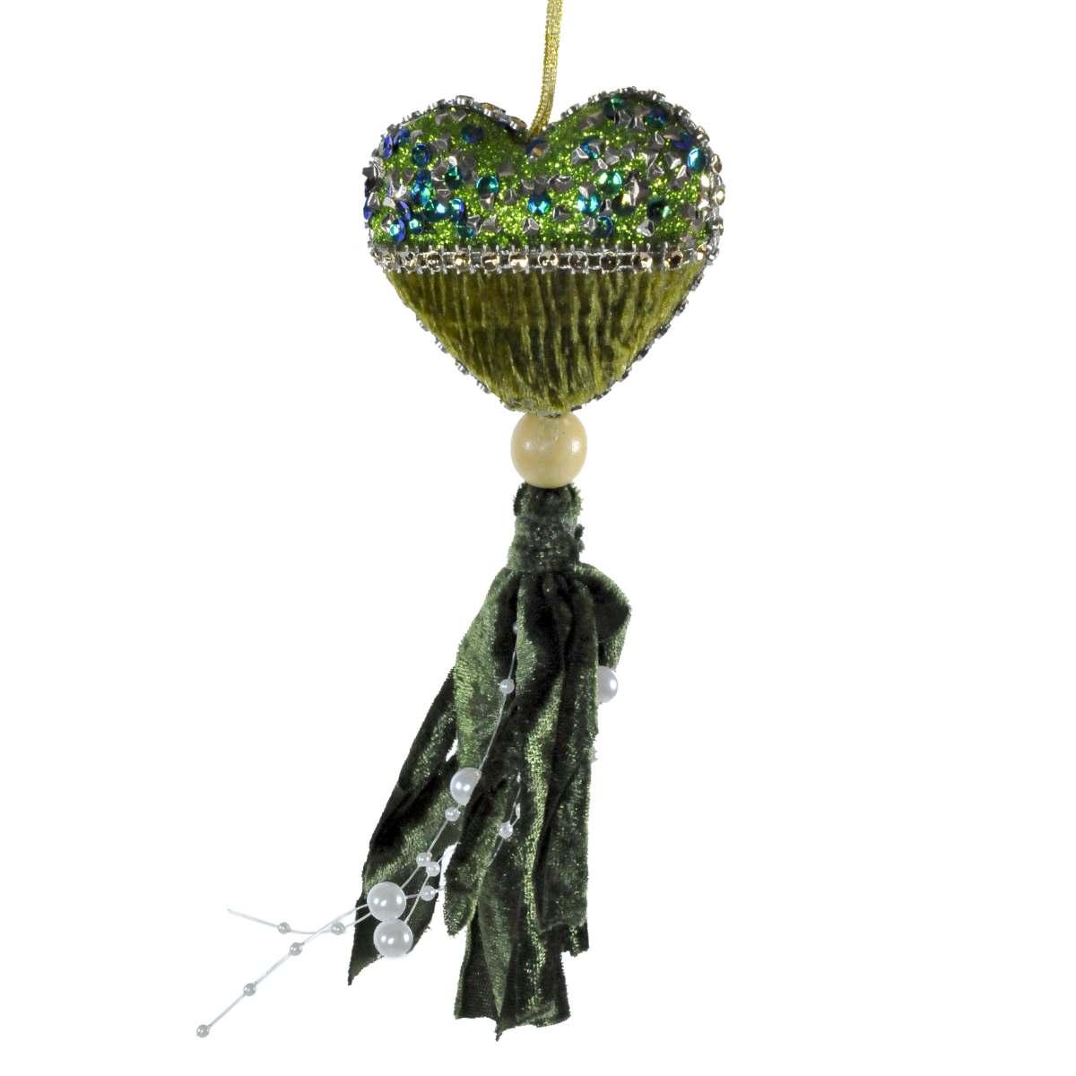 Decorazione natalizia cuore verde velluto 8 x 18 cm