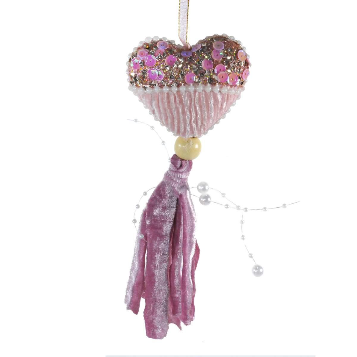 Decorazione natalizia cuore rosa cipria velluto 8 x 18 cm