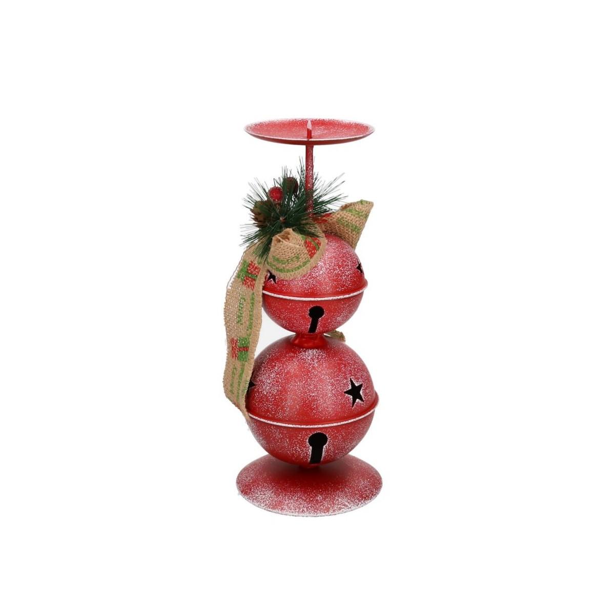 Porta candela natalizio metallo campanelle rosse 26 cm