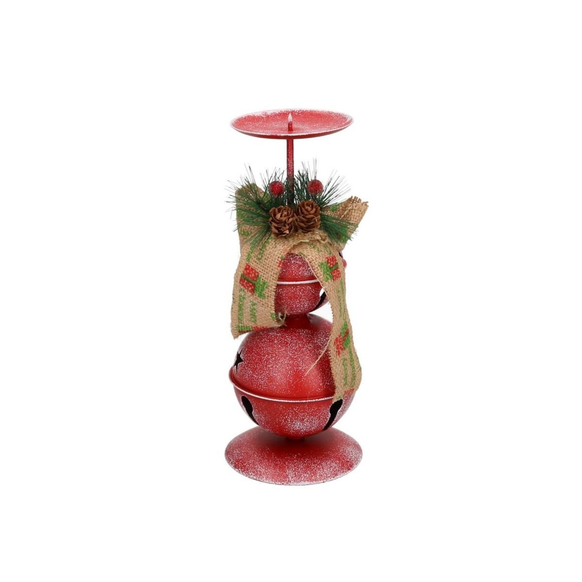 Porta candela natalizio metallo campanelle rosse 26 cm