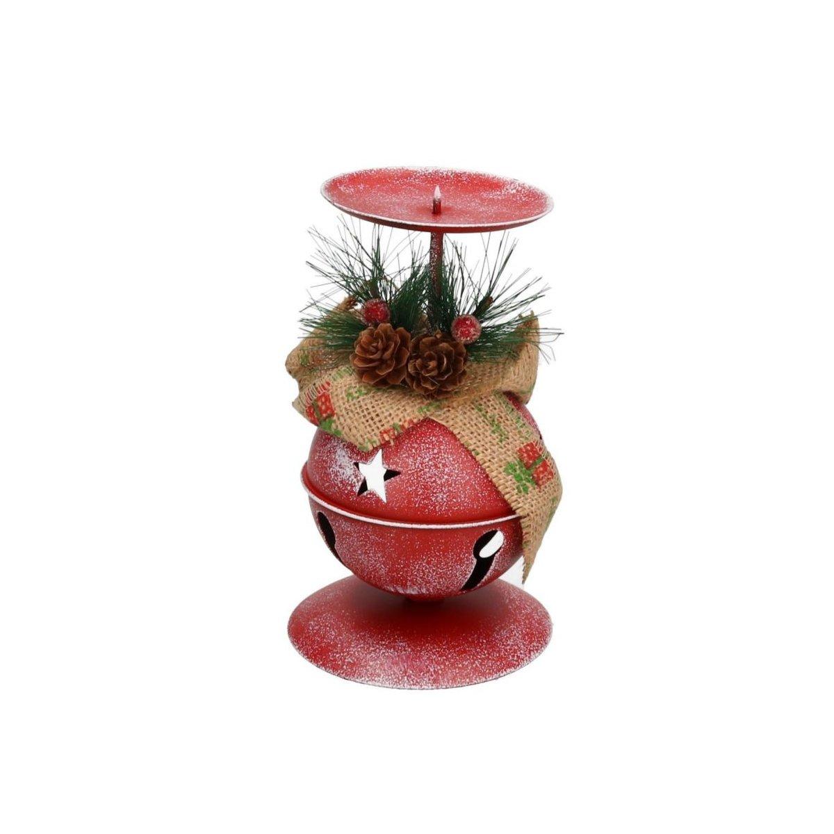 Porta candela natalizio metallo campanella rossa 26 cm