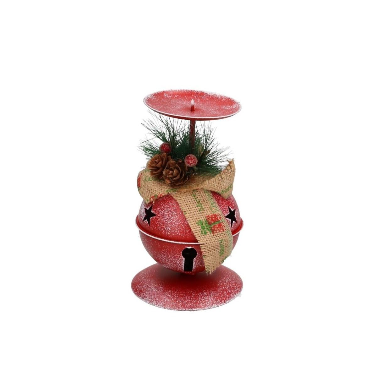 Porta candela natalizio metallo campanella rossa 26 cm
