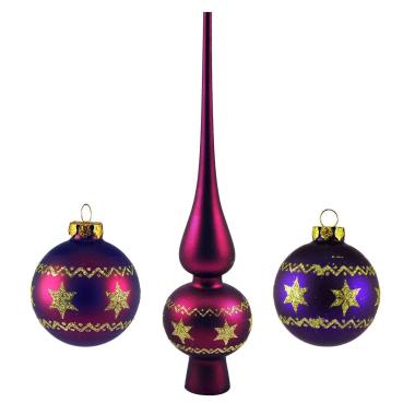 Pallina natalizia vetro viola puntale Set 9 pz