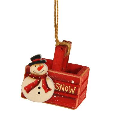 Decorazione natalizia cassetta legno rossa pupaz 6 cm