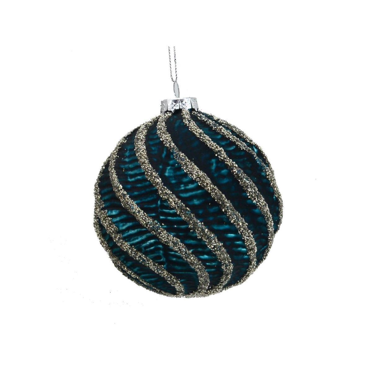 Pallina natalizia vetro blu ottanio glitter argento Ø 8 cm
