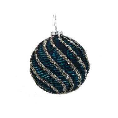 Pallina natalizia vetro blu ottanio glitter argento Ø 8 cm