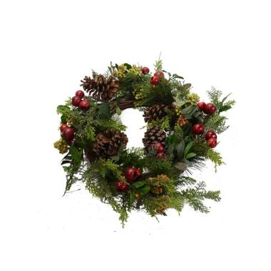 Ghirlanda natalizia verde pigne bacche rosse Ø 53 cm