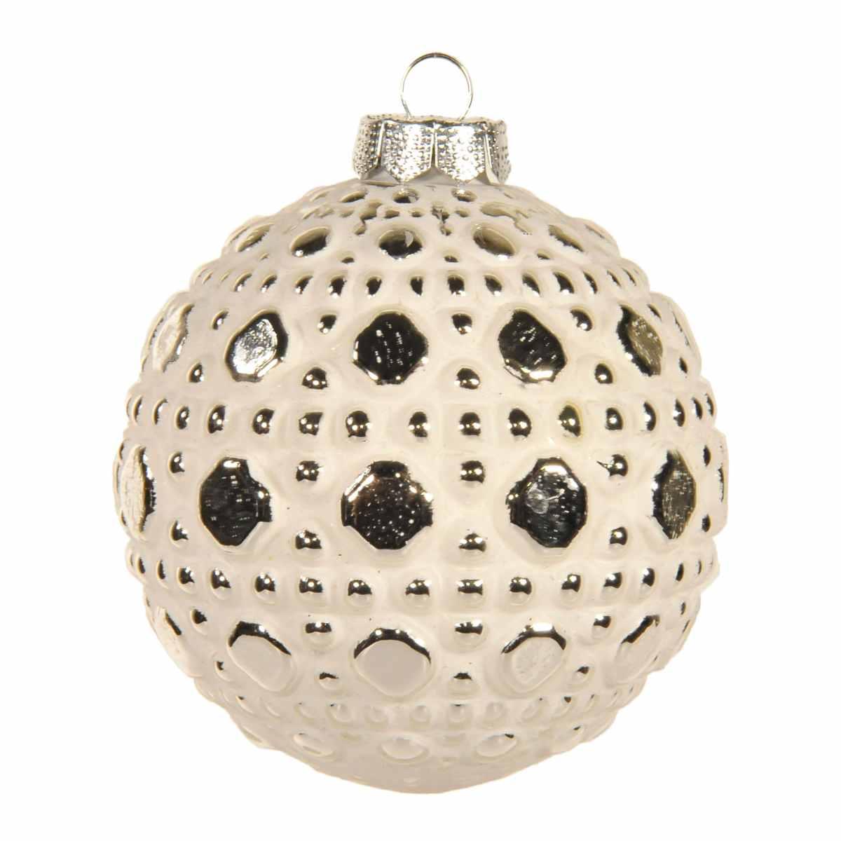 Pallina natalizia vetro bianca opaca decori argento Ø 8 cm