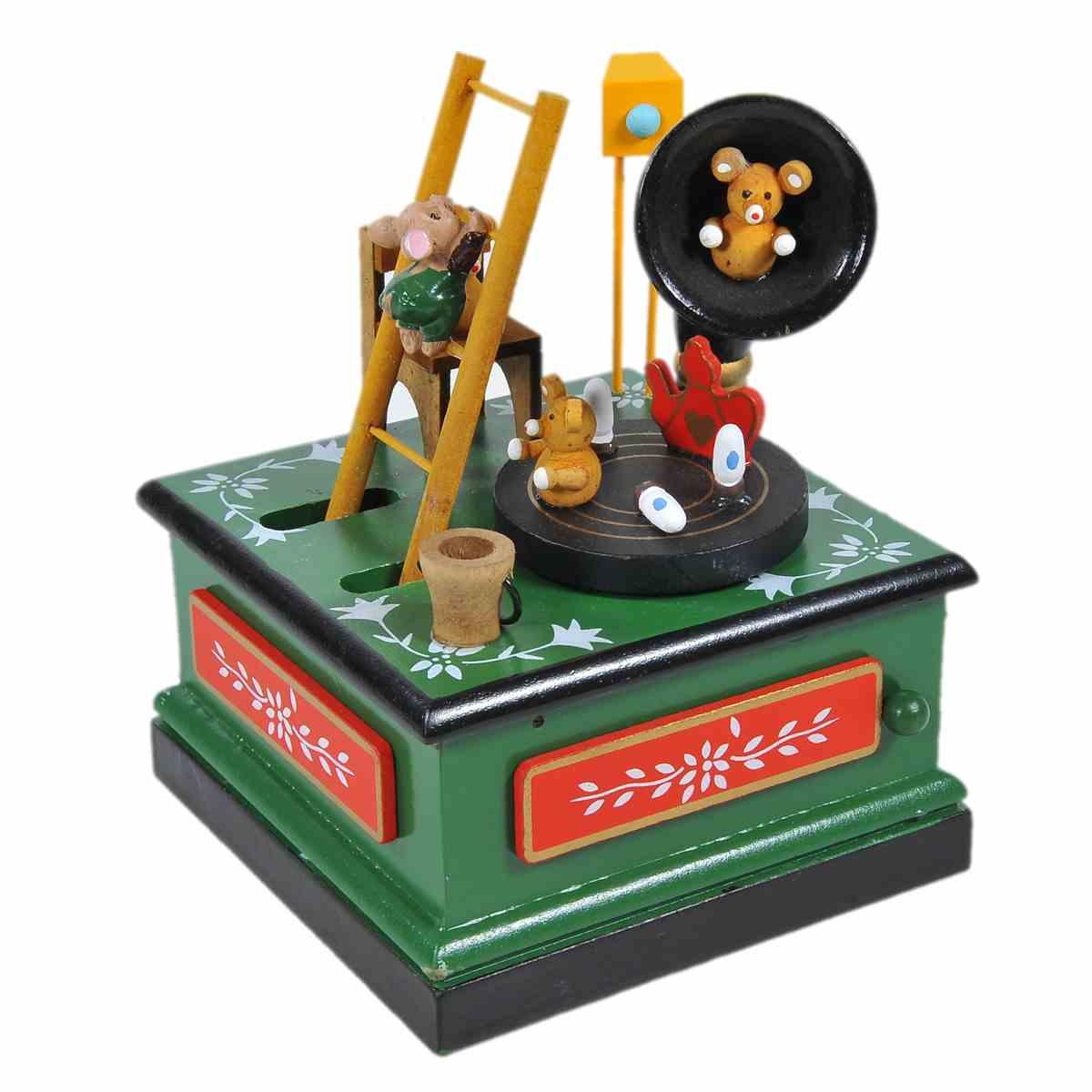 Carillon natale grammofono legno verde 12 x 12 cm