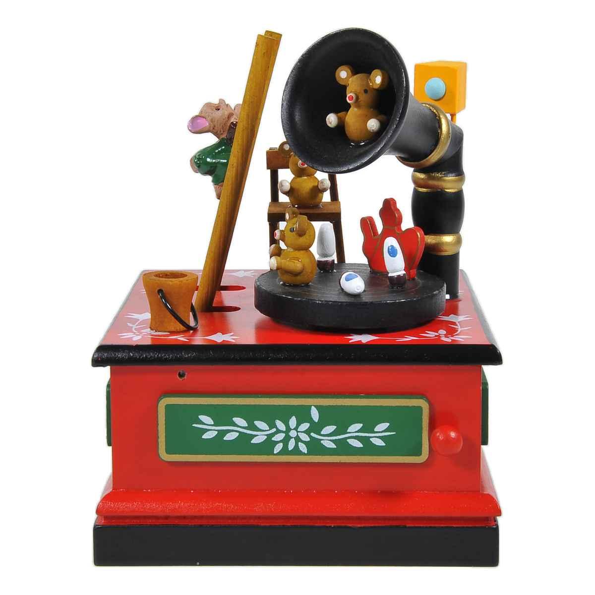 Carillon natale grammofono legno rosso 12 x 12 cm