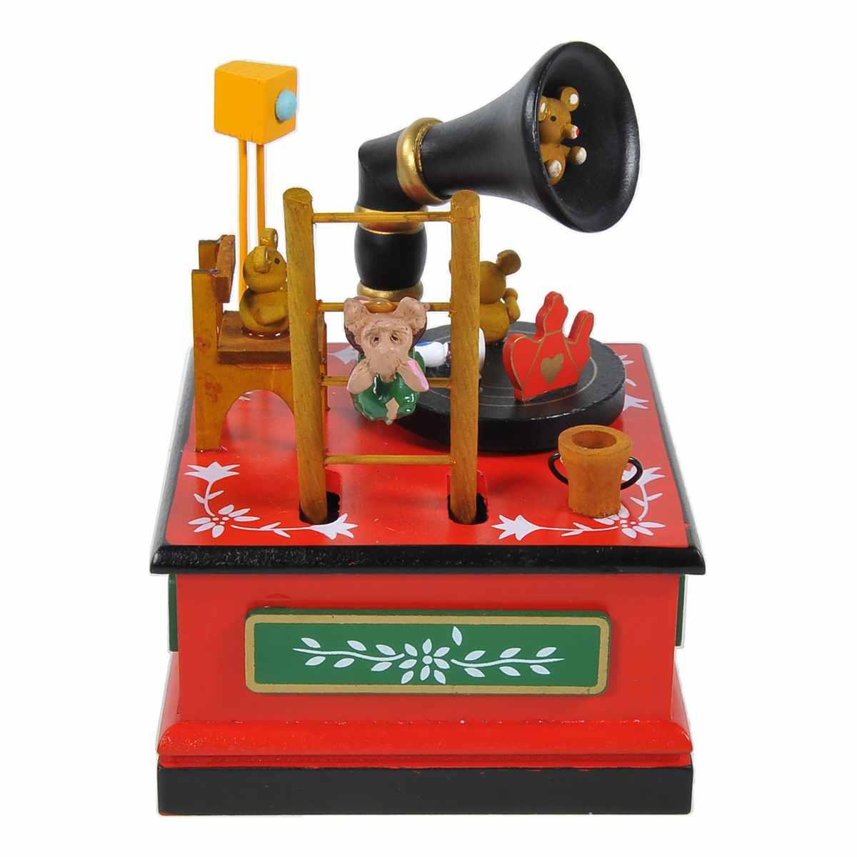 Carillon natale grammofono legno rosso 12 x 12 cm