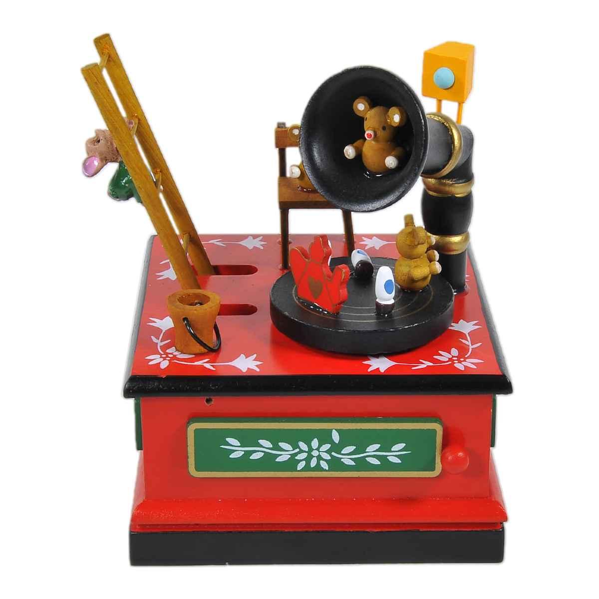 Carillon natale grammofono legno rosso 12 x 12 cm