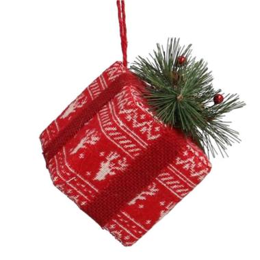 Decorazione natalizia pacco regalo in tessuto rosso 13 cm