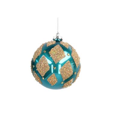 Pallina natalizia vetro blu ottanio rombi oro Ø 8 cm