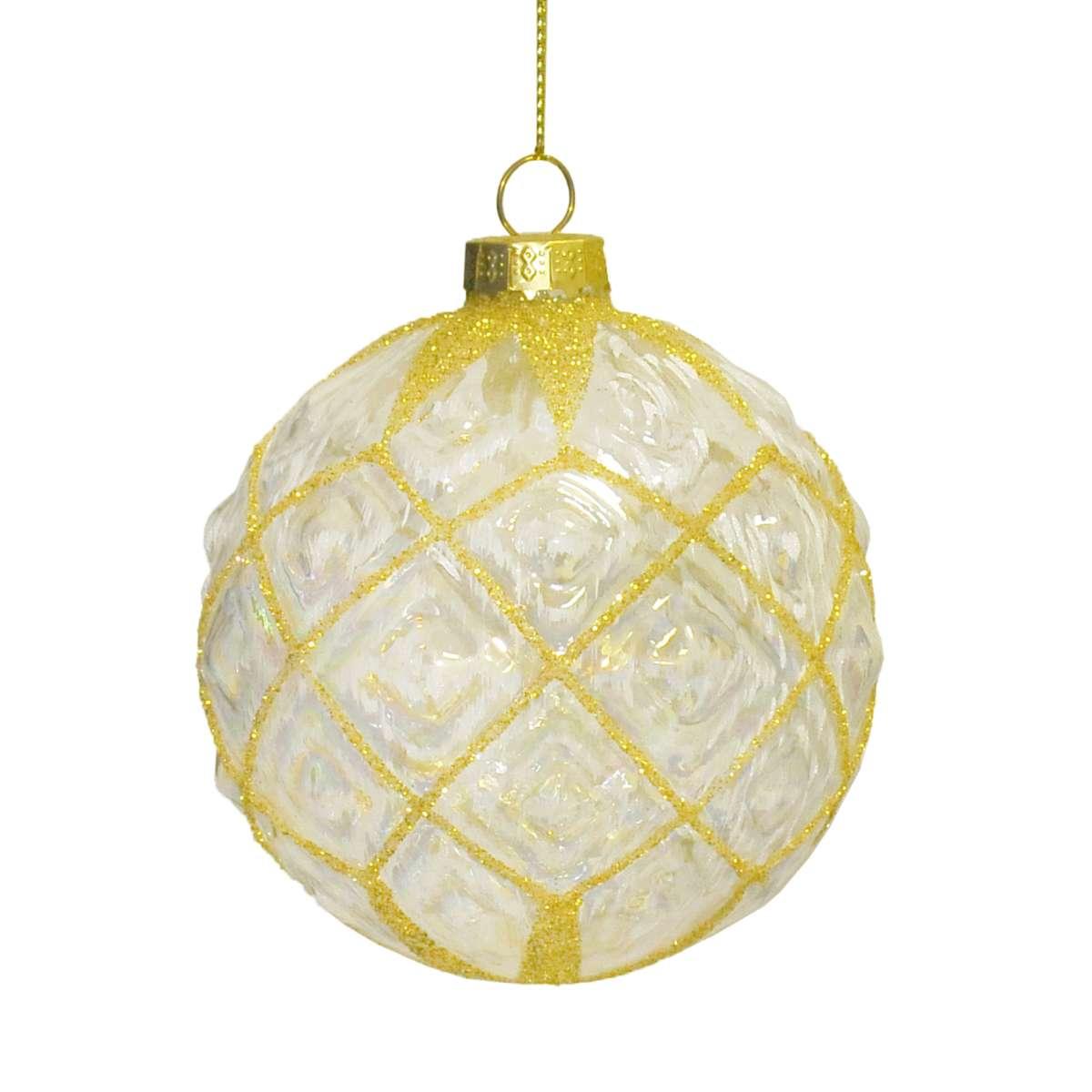 Pallina natalizia vetro trasparente rombi glitter oro Ø 8 cm