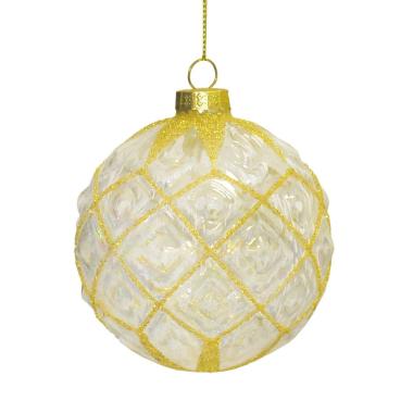 Pallina natalizia vetro trasparente rombi glitter oro Ø 8 cm
