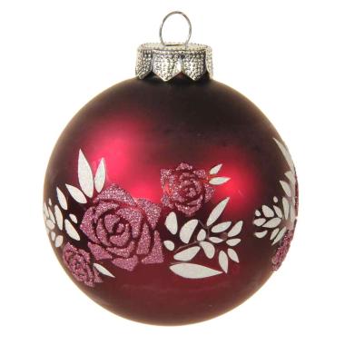 Pallina natalizia vetro rosso amaranto opaco fiori Ø 8 cm