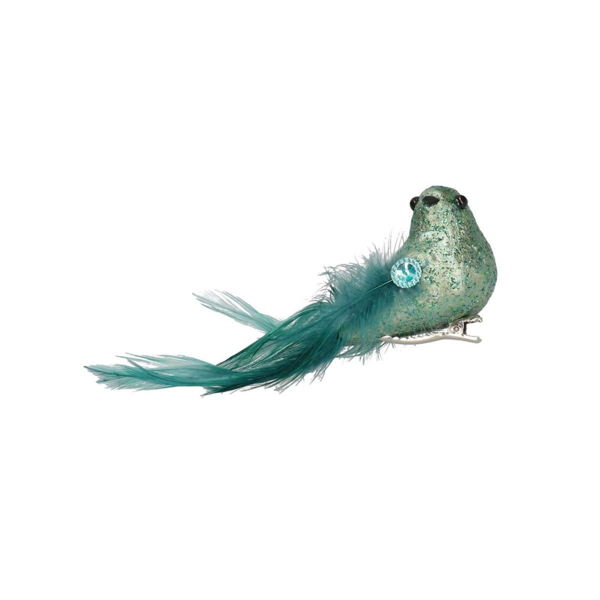 Uccello piume verde blu glitter clip 25 cm