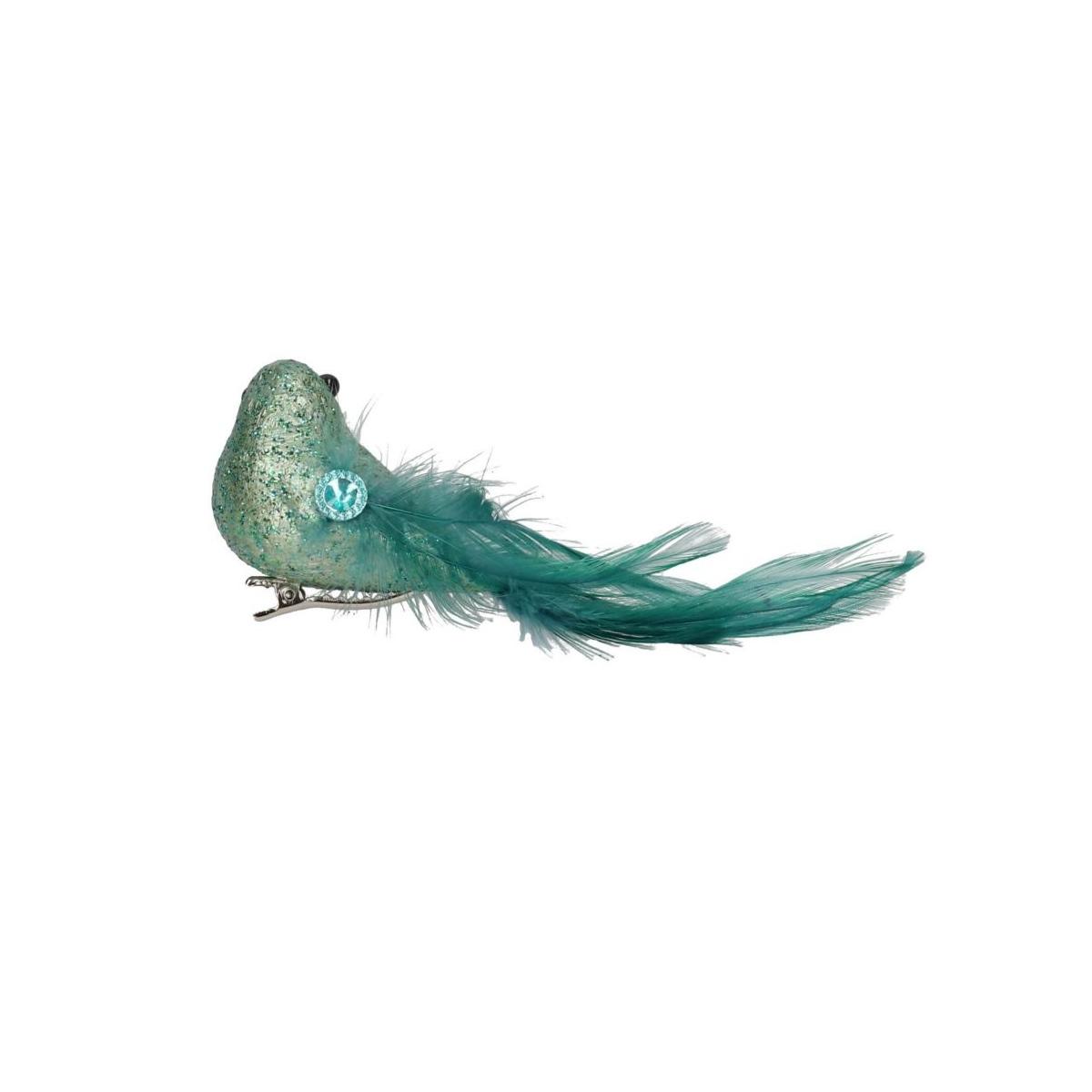 Uccello piume verde blu glitter clip 25 cm