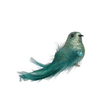 Uccello piume verde blu glitter clip 25 cm