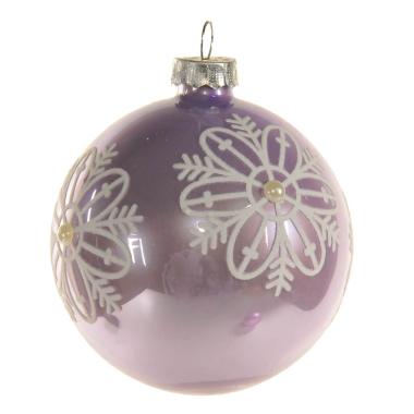 Pallina natalizia vetro lilla lucido fiori glitter Ø 8 cm