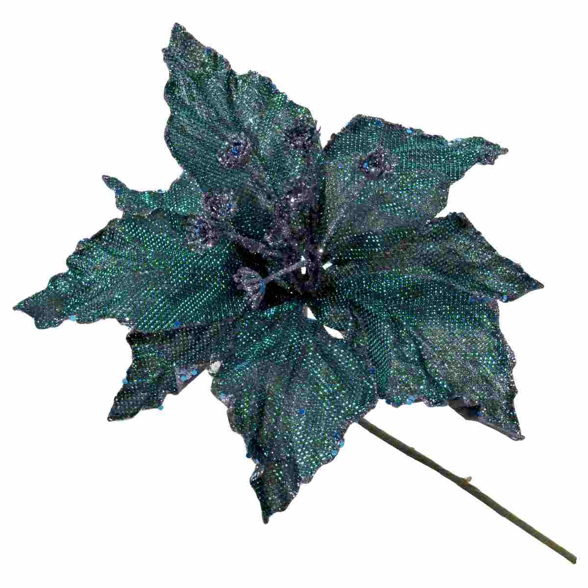 Fiore natale stella blu petrolio glitter 55 cm