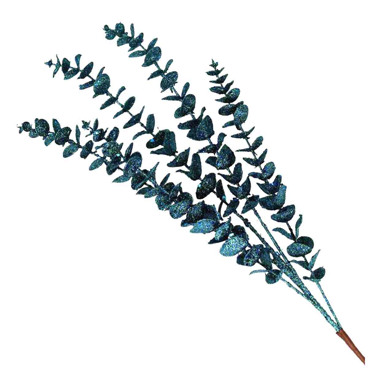 Fiore natale ramo foglie blu petrolio glitter 80 cm