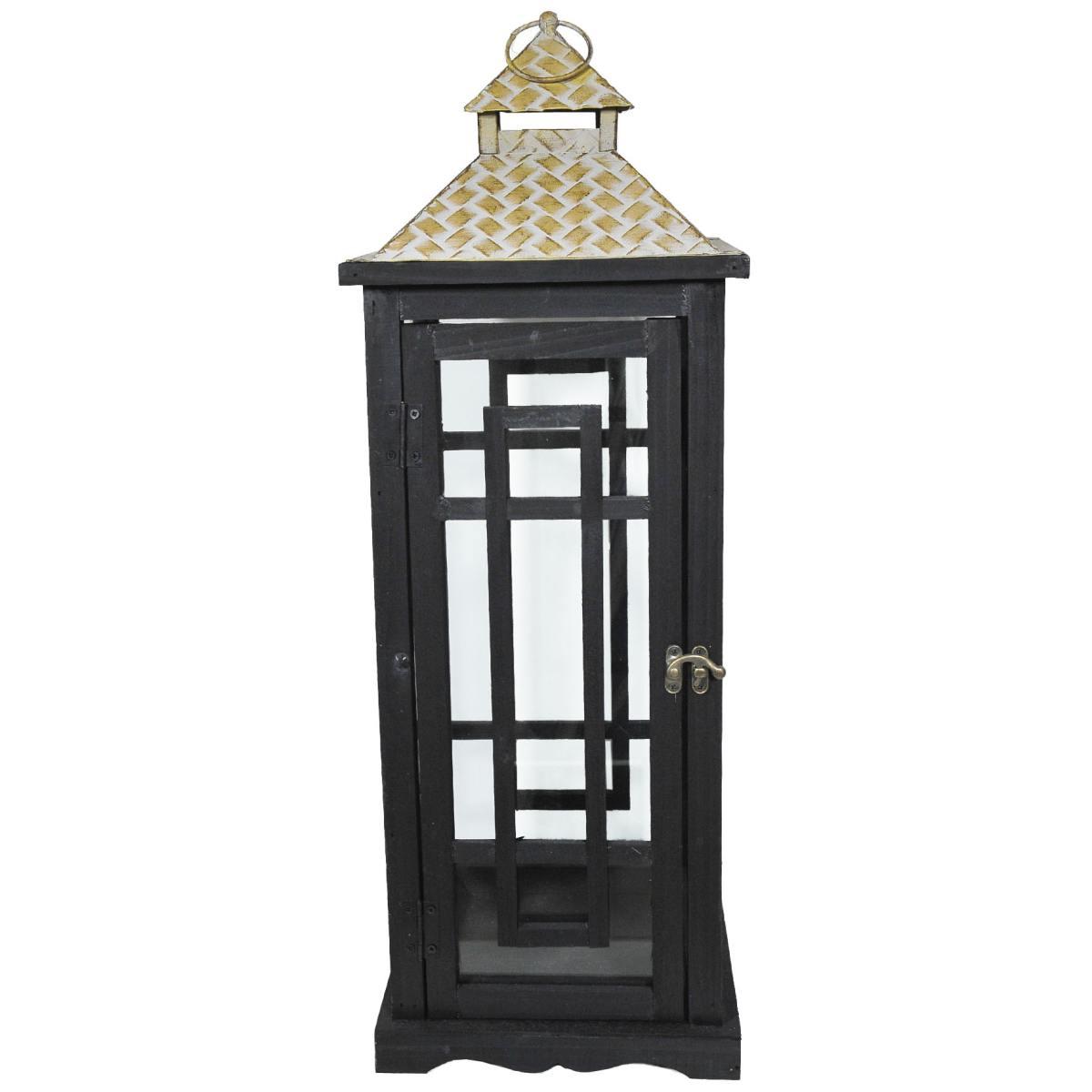 Lanterna legno nero tetto metallo 21 x 21 x 59 cm