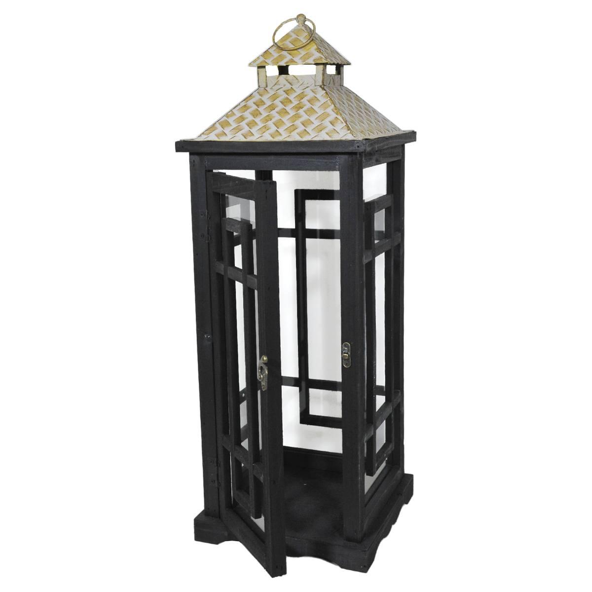Lanterna legno nero tetto metallo 21 x 21 x 59 cm