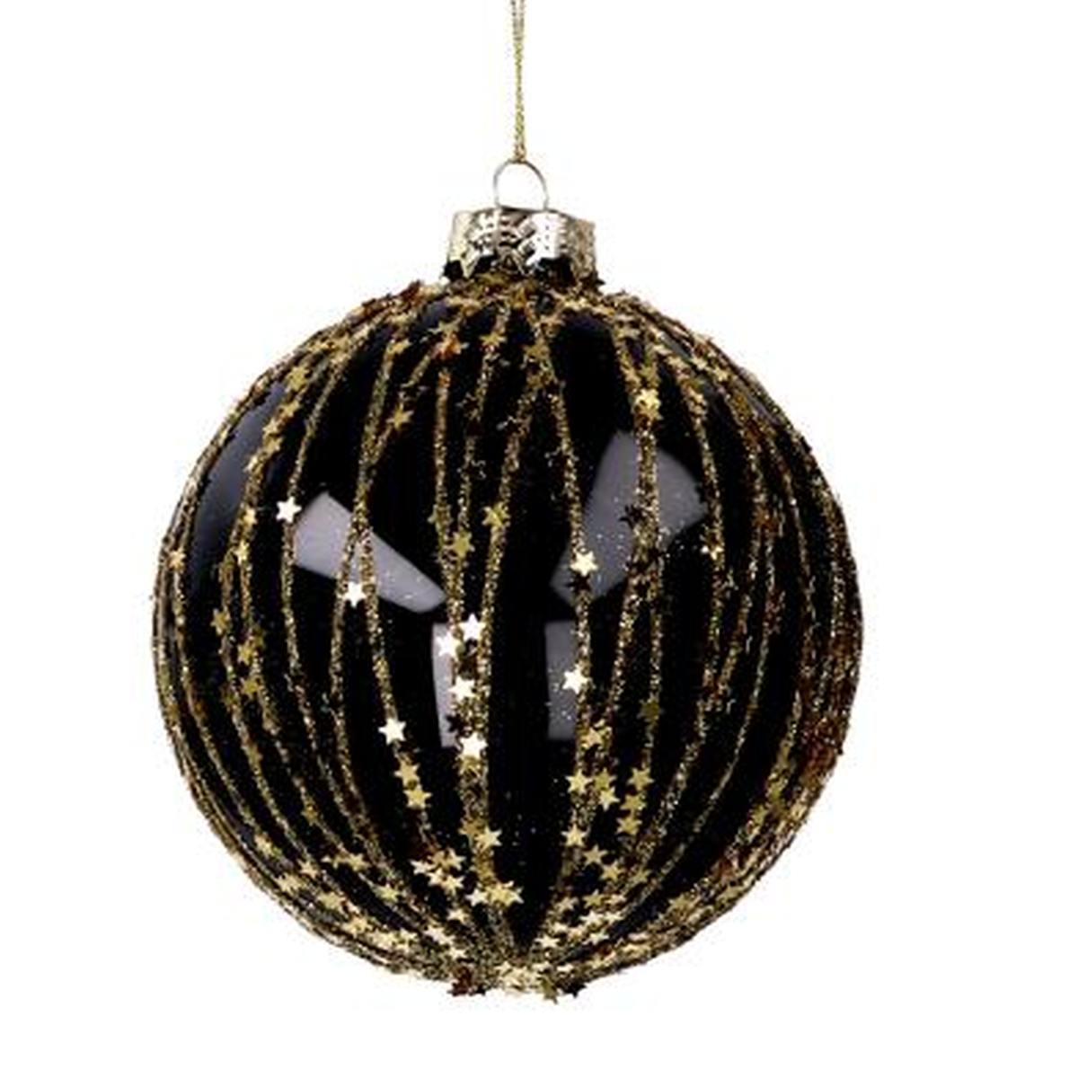 Pallina natalizia vetro nera glitter stelle oro Ø 8 cm