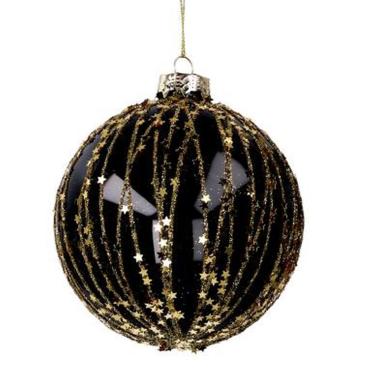 Pallina natalizia vetro nera glitter stelle oro Ø 8 cm