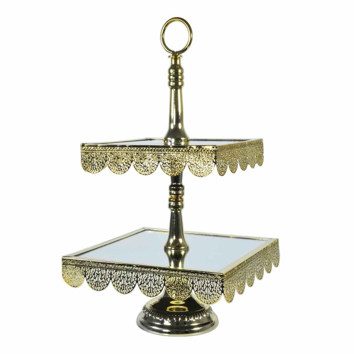 Centrotavola alzata metallo 2 piani oro specchio 24 x 24 x 44 cm