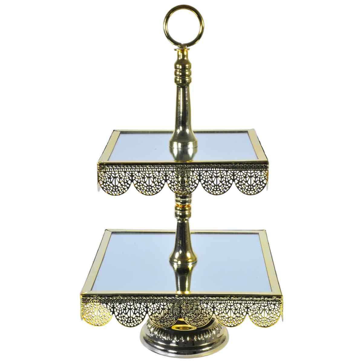 Centrotavola alzata metallo 2 piani oro specchio 24 x 24 x 44 cm