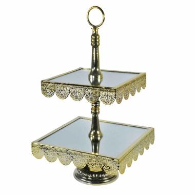 Centrotavola alzata metallo 2 piani oro specchio 24 x 24 x 44 cm