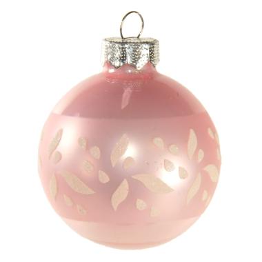 Pallina natalizia vetro rosa lucido fiori glitter Ø 6 cm