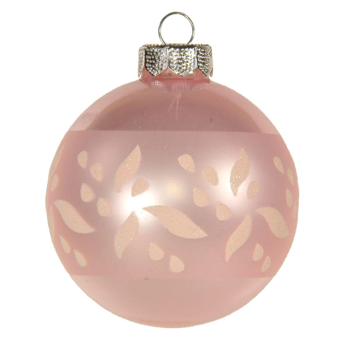 Pallina natalizia vetro rosa lucido fiori glitter Ø 8 cm