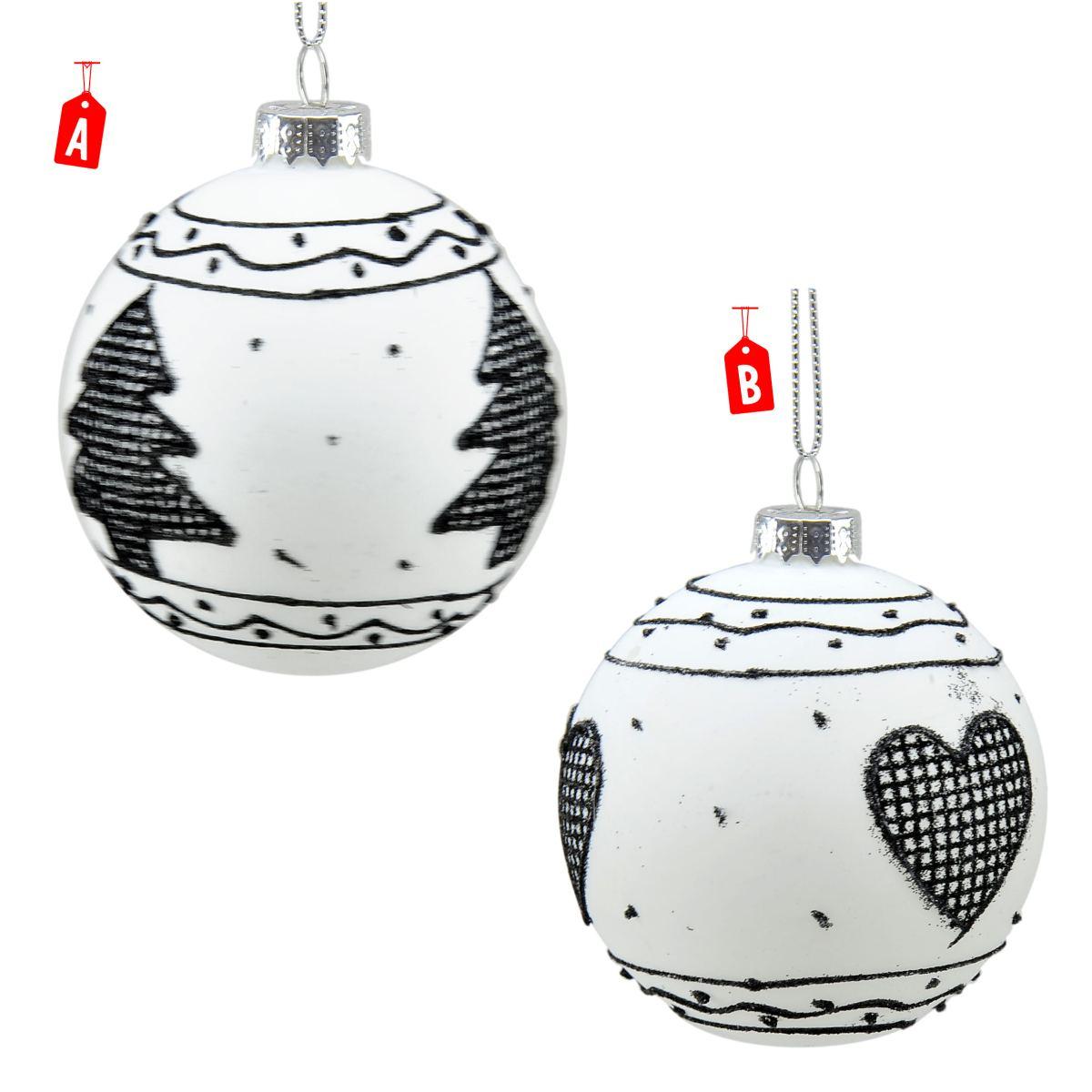 Pallina natalizia vetro bianca decori neri Ø 8 cm