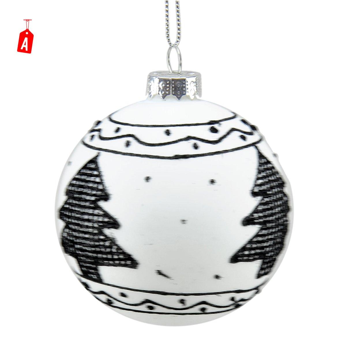 Pallina natalizia vetro bianca decori neri Ø 8 cm
