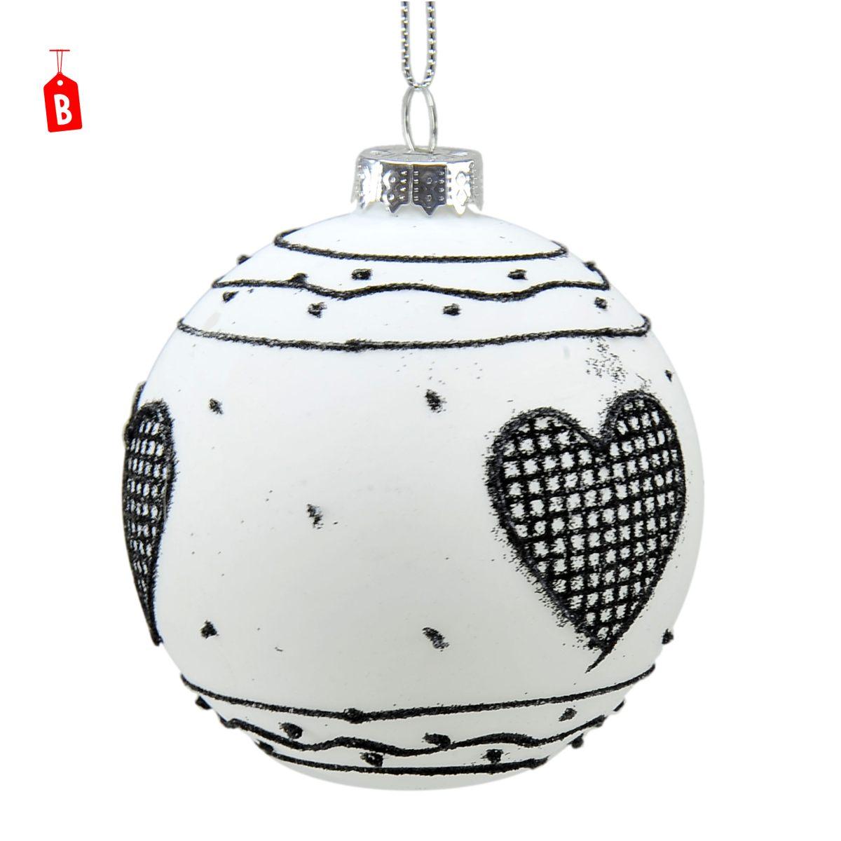 Pallina natalizia vetro bianca decori neri Ø 8 cm