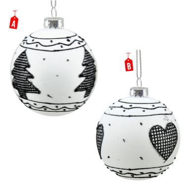 Pallina natalizia vetro bianca decori neri Ø 8 cm