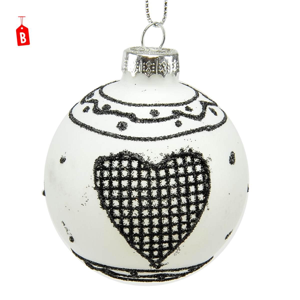 Pallina natalizia vetro bianca decori neri Ø 6 cm