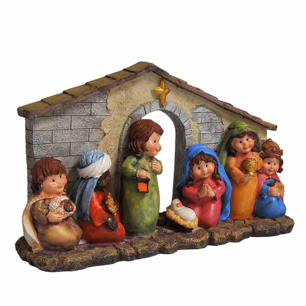 Statua presepe 11 cm natività mini capanna legno