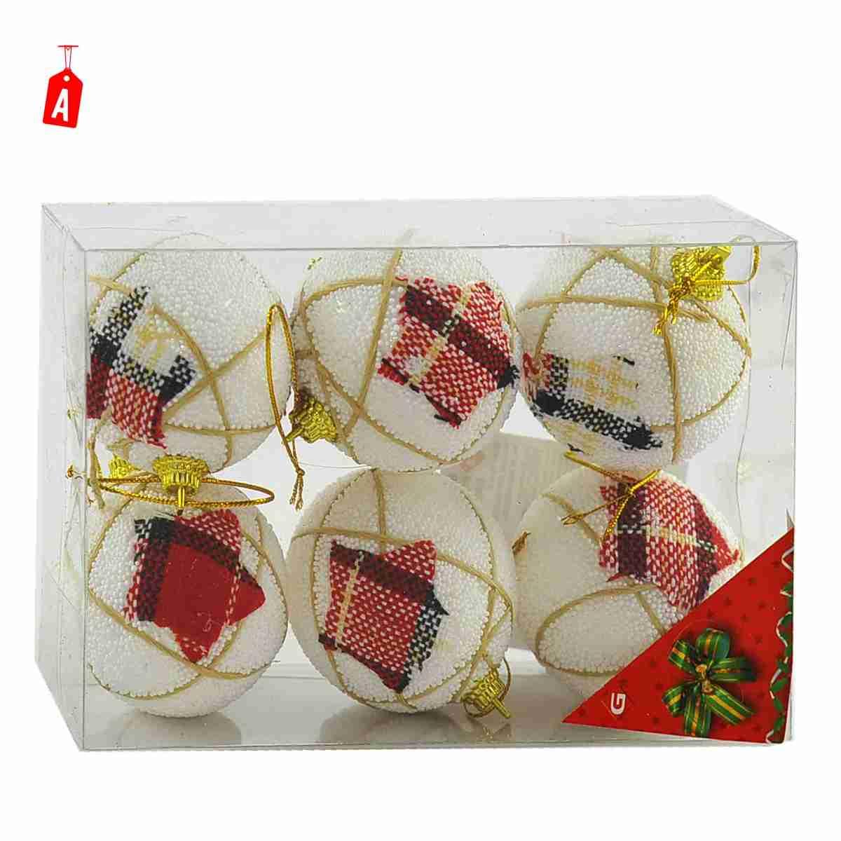 Pallina natalizia bianca decori in tessuto Set 6 pz